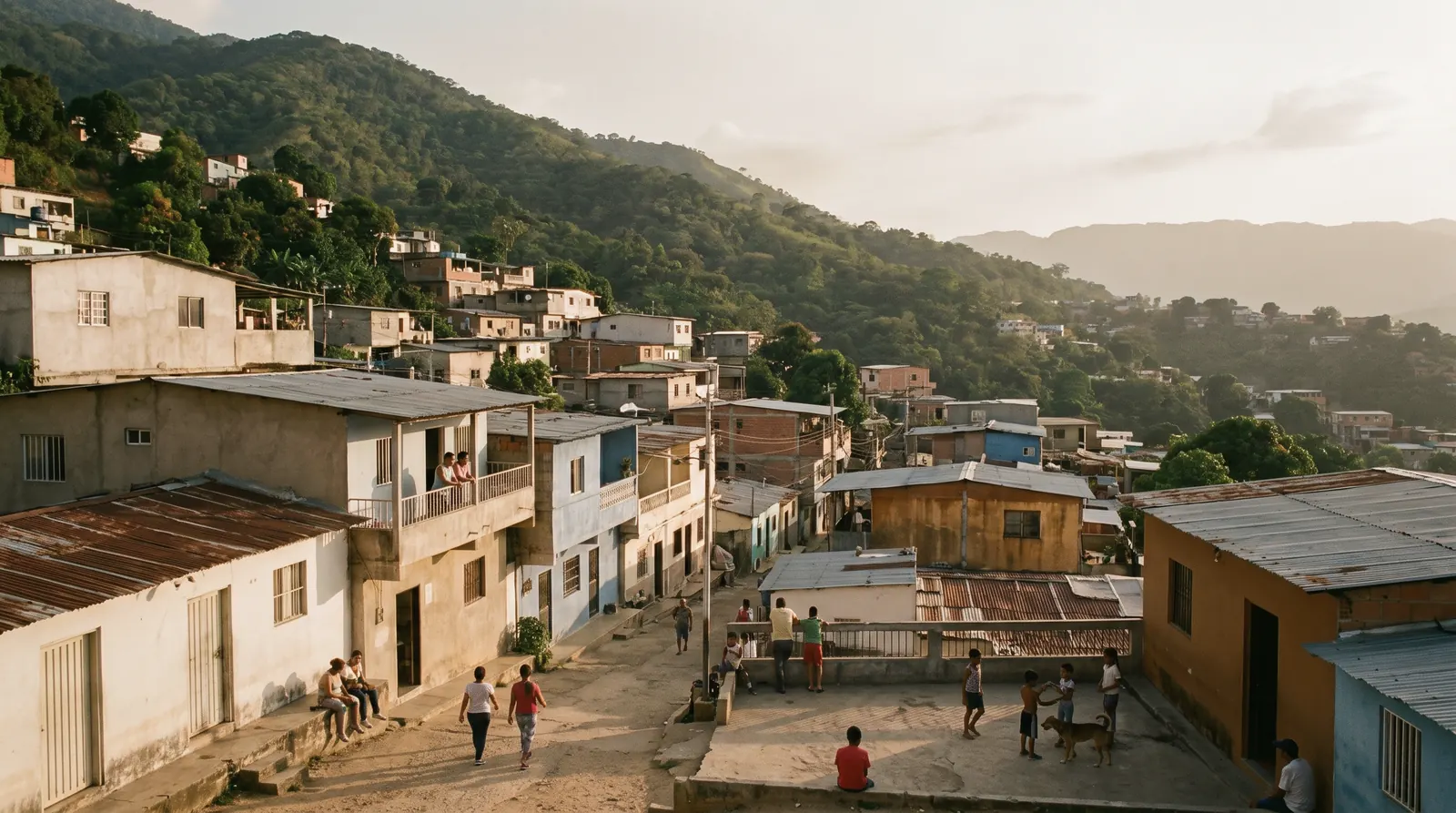Barrio venezolano en ladera al atardecer, con casas bajas trepando una montaña verde